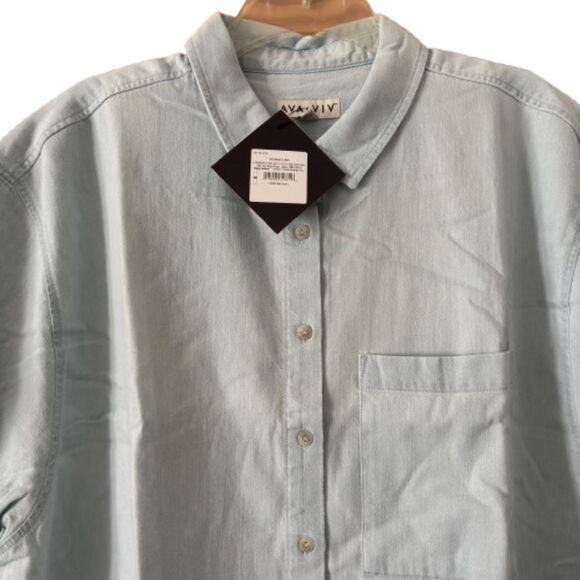 AVA & VIV Soft Light Wash Blue Cuffed Sleeve Denim No Gap Button Front Blouse  L - Picture 4 of 6